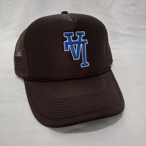 Brown Trucker Hat with Blue Logo